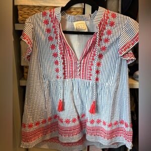 Sail to Sable seersucker blouse with red embroidery, size large